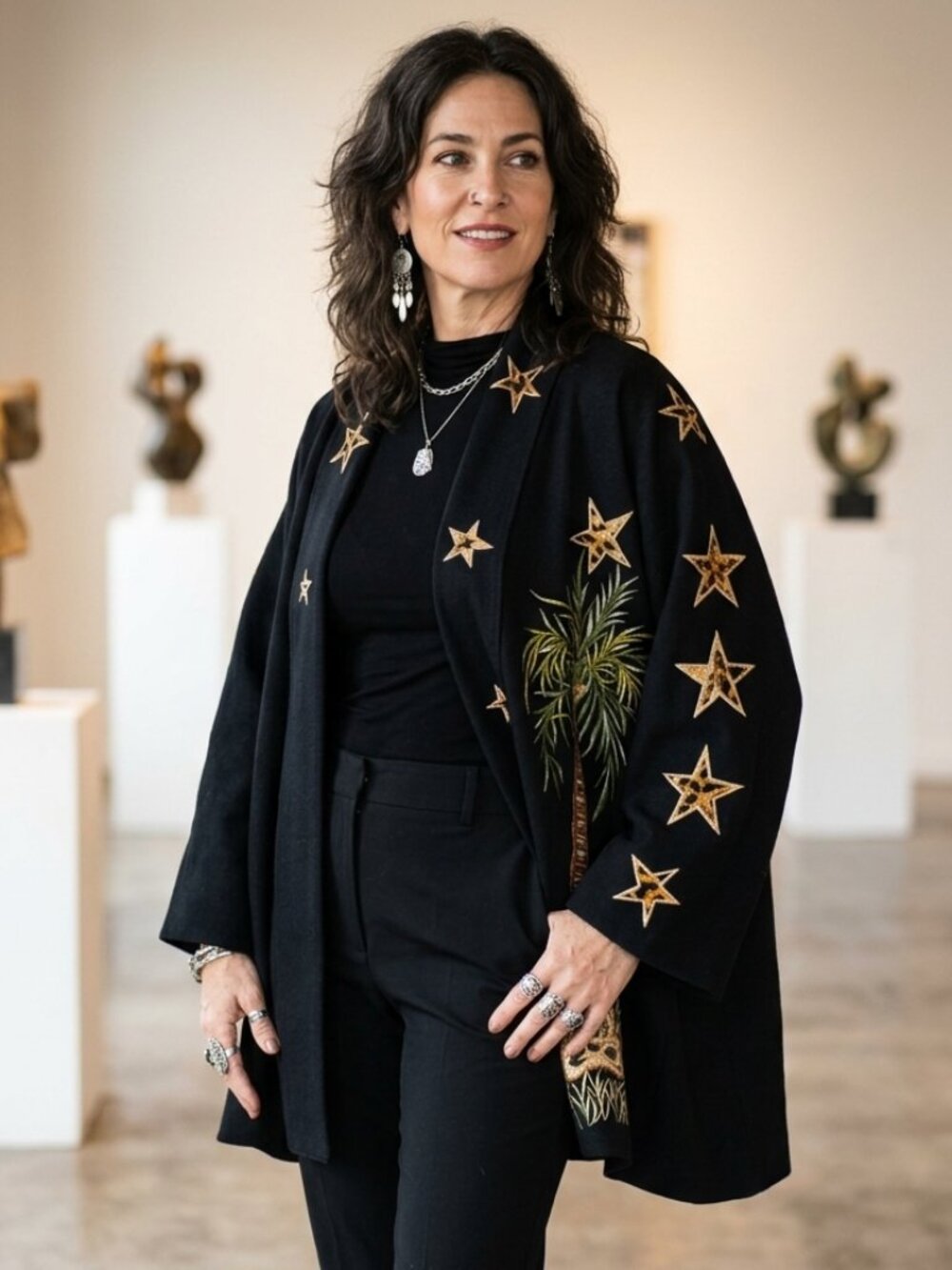 Vintage ANAGE Black Embroidered Stars & Palm Tree Kimono Wrap Jacket